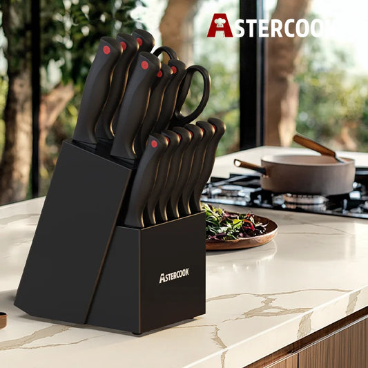 Upgrade your kitchen with the Astercook 15-piece knife set—sharp, durable, and dishwasher safe with a built-in sharpener! 🔪✨