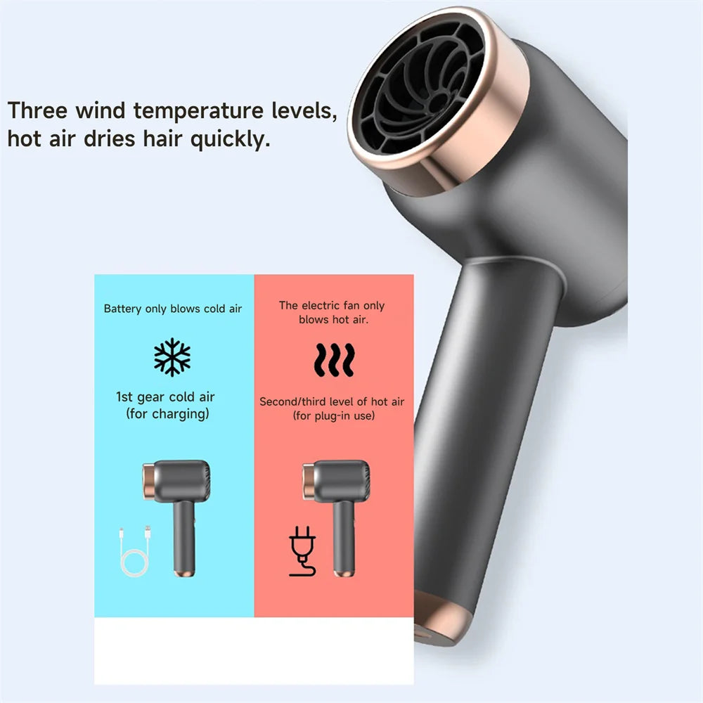 Style on the go with the cordless travel hair dryer—hot/cold air, rechargeable, and perfect for everyone! 💨✨