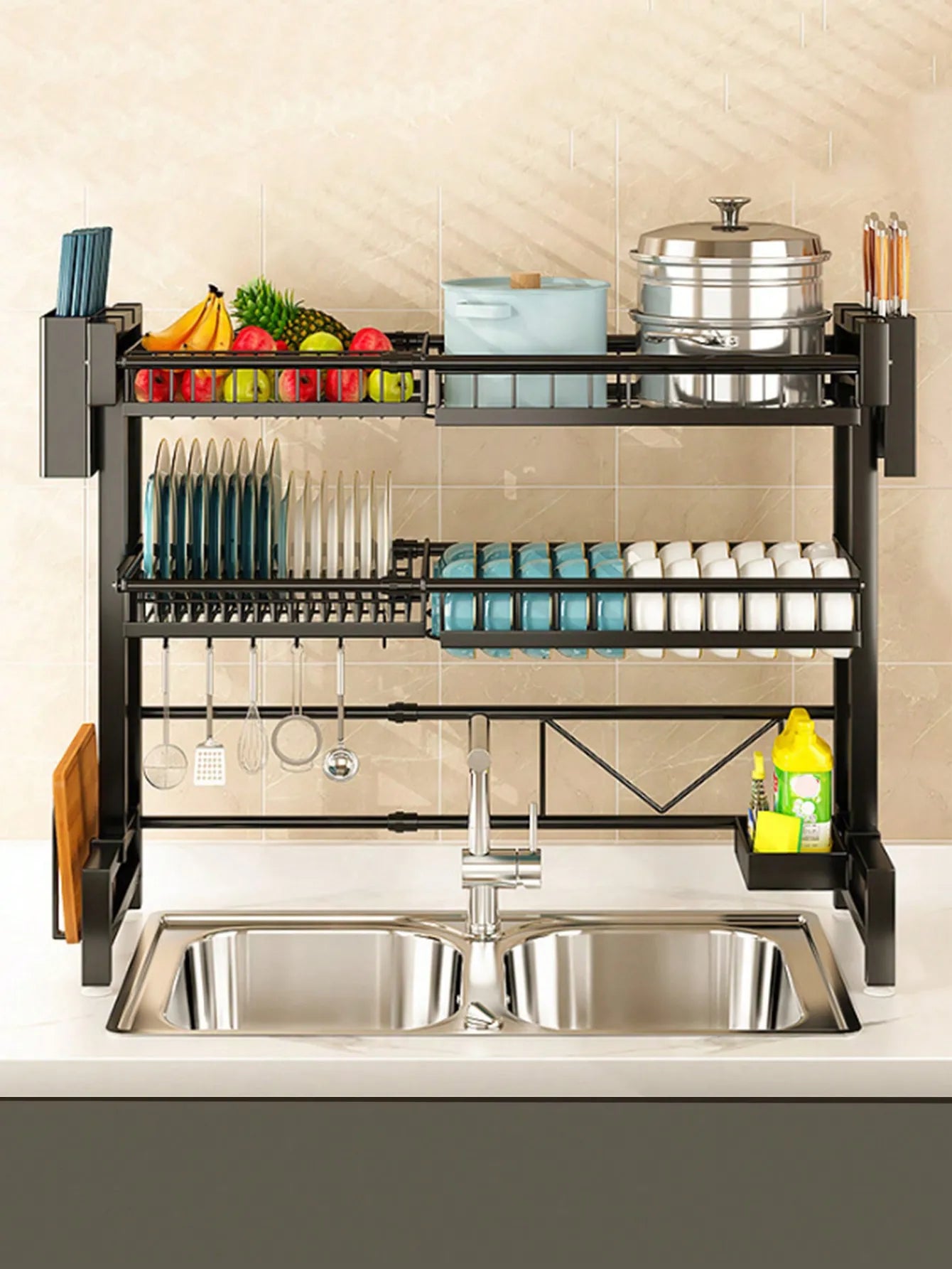 Maximize your kitchen space with the expandable 2-tier stainless steel dish rack—durable, stylish, and organized! 🍽️✨