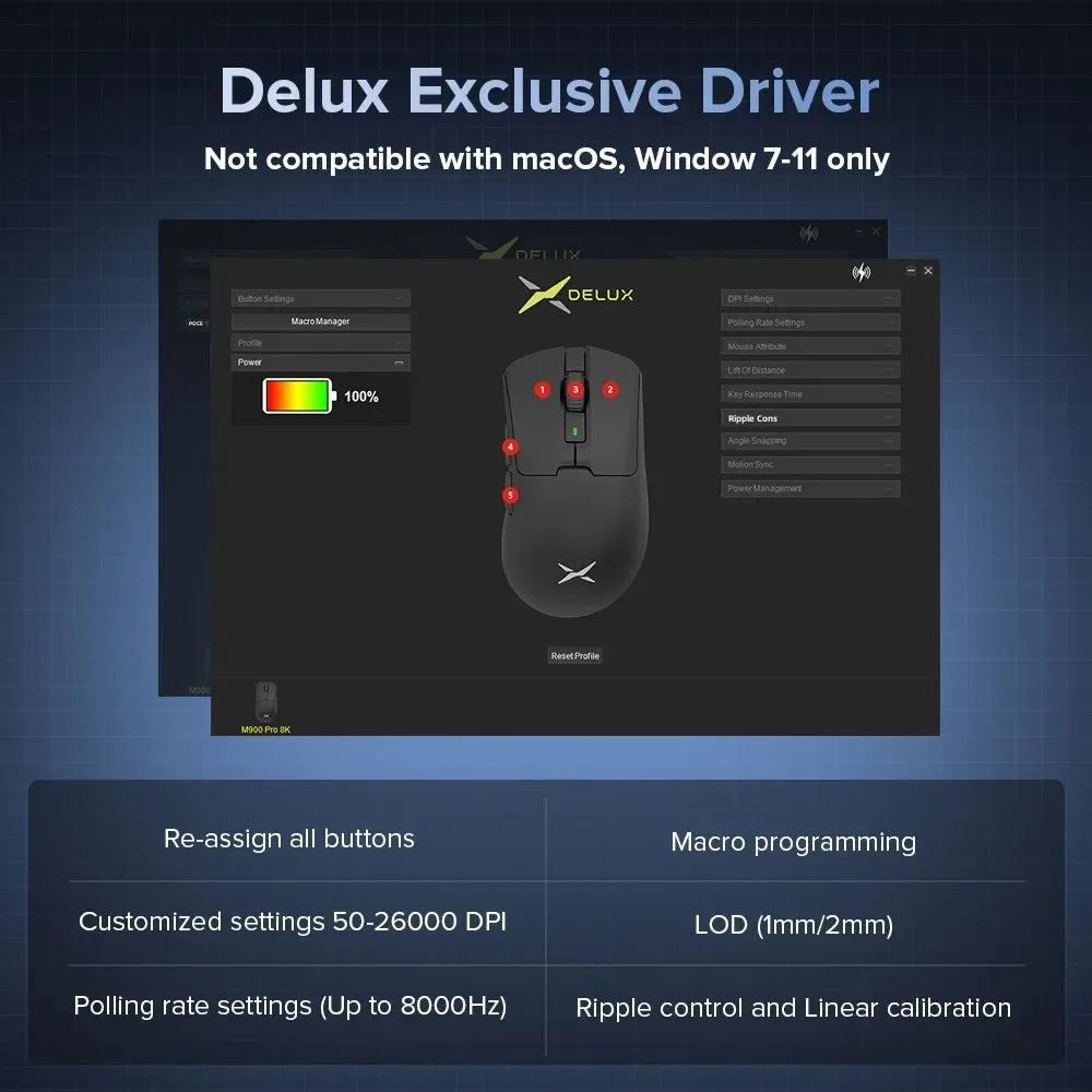 "Level up your game with the Delux M900Pro—ergonomic, 8K sensor, and magnetic RGB dock for ultimate precision! 🎮⚡