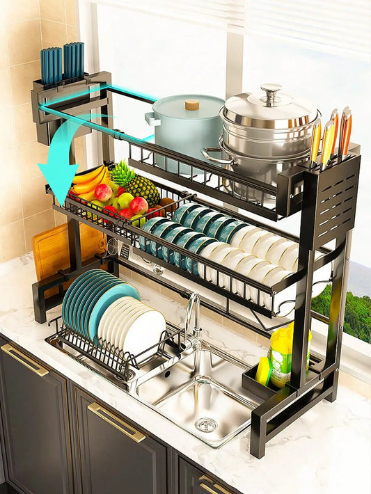 Maximize your kitchen space with the expandable 2-tier stainless steel dish rack—durable, stylish, and organized! 🍽️✨