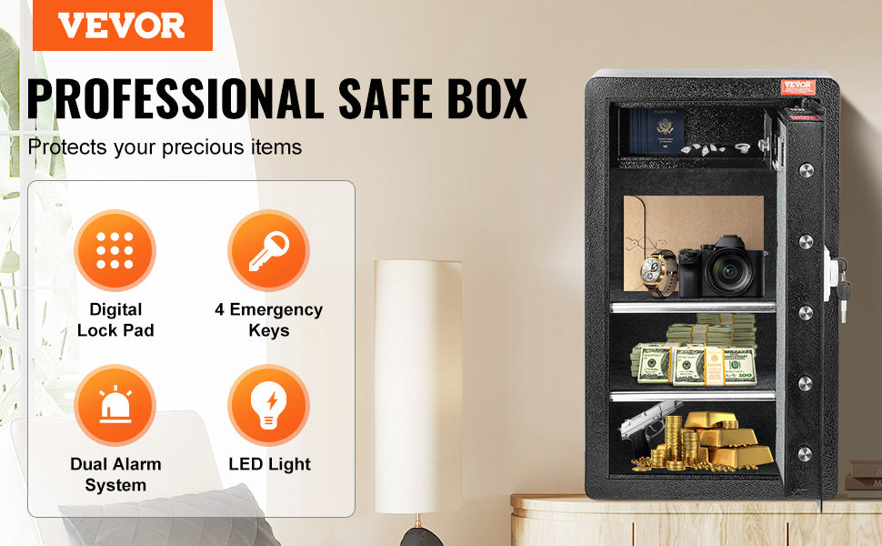 Secure your valuables with VEVOR Safe Box—key, password, and fingerprint protection with added fireproof safety! 🔒🔥