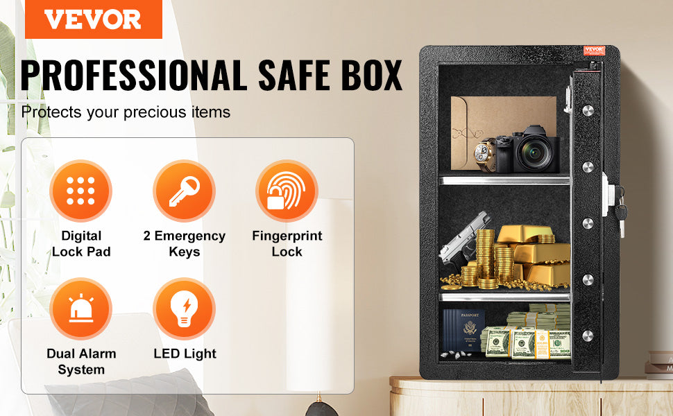 Secure your valuables with VEVOR Safe Box—key, password, and fingerprint protection with added fireproof safety! 🔒🔥