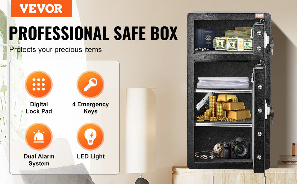 Secure your valuables with VEVOR Safe Box—key, password, and fingerprint protection with added fireproof safety! 🔒🔥