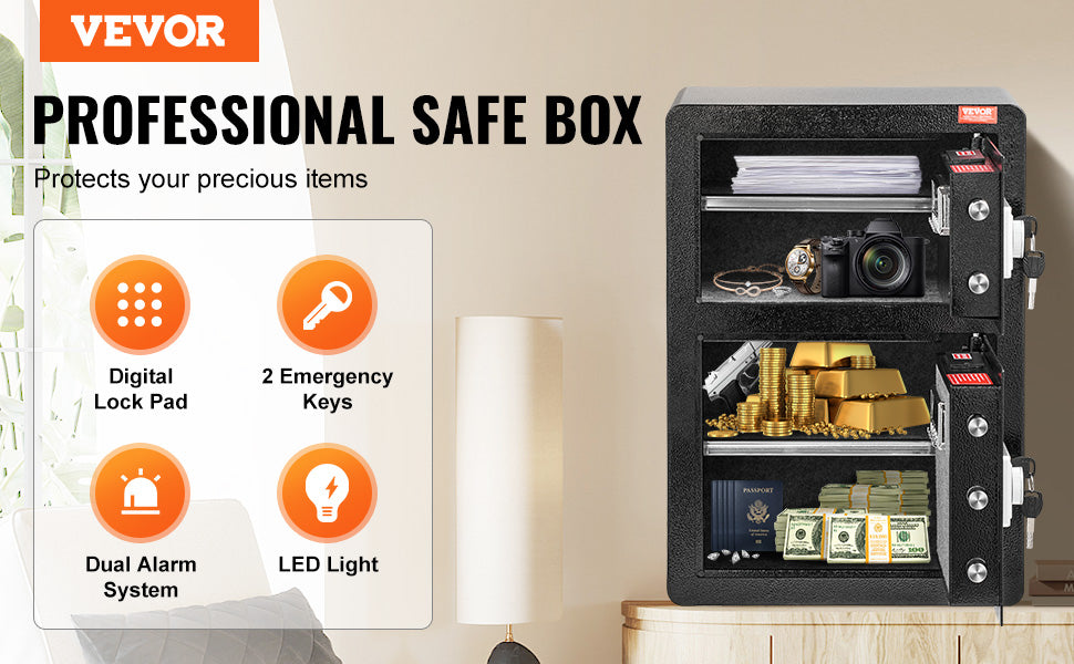 Secure your valuables with VEVOR Safe Box—key, password, and fingerprint protection with added fireproof safety! 🔒🔥