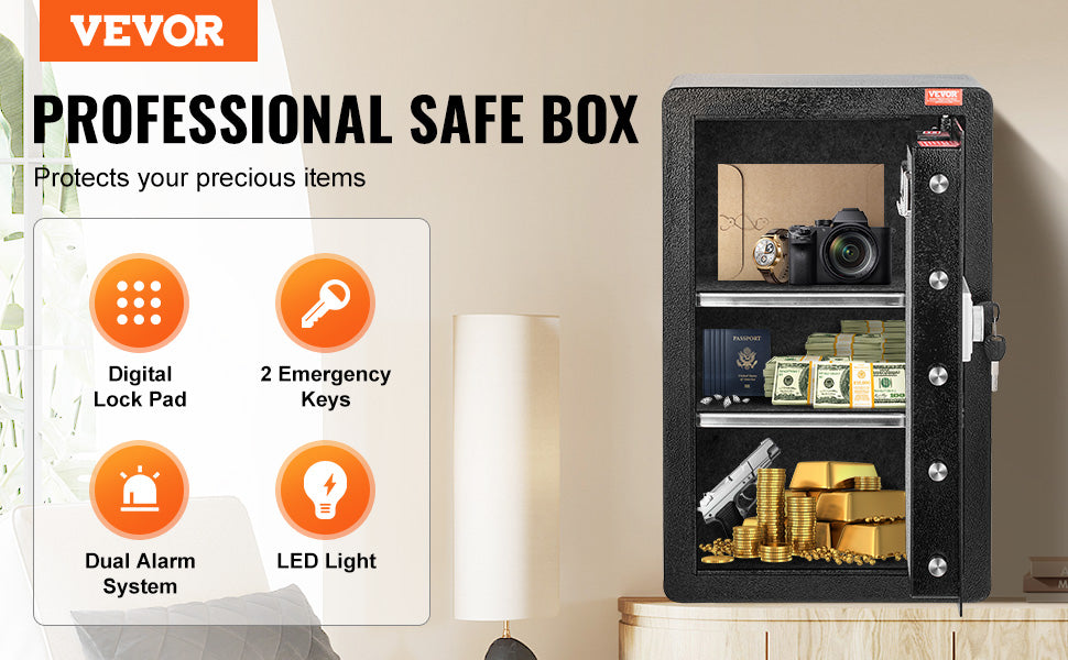 Secure your valuables with VEVOR Safe Box—key, password, and fingerprint protection with added fireproof safety! 🔒🔥